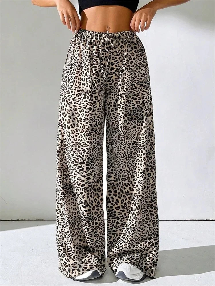 leopard print wide leg pant autumn winter 2025 Y2K clothes elastic high waist floor lenth trousers streetwear 250113