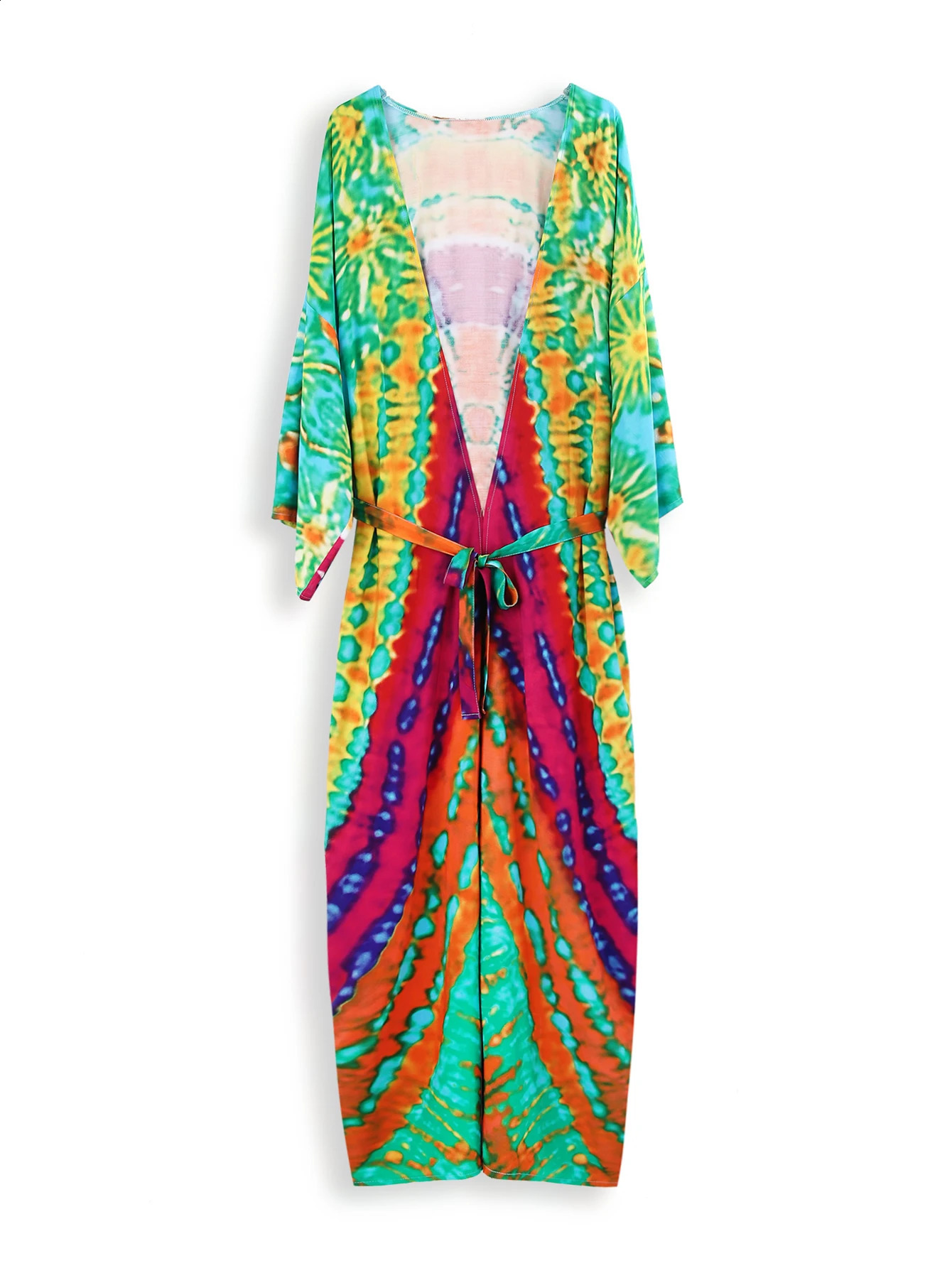 2024 Boho Printed Long Sleeve Belt Kimono Beach Dres Casual Tunic Beachwear Bathing Suit Coverups beach sail Q1451 250122