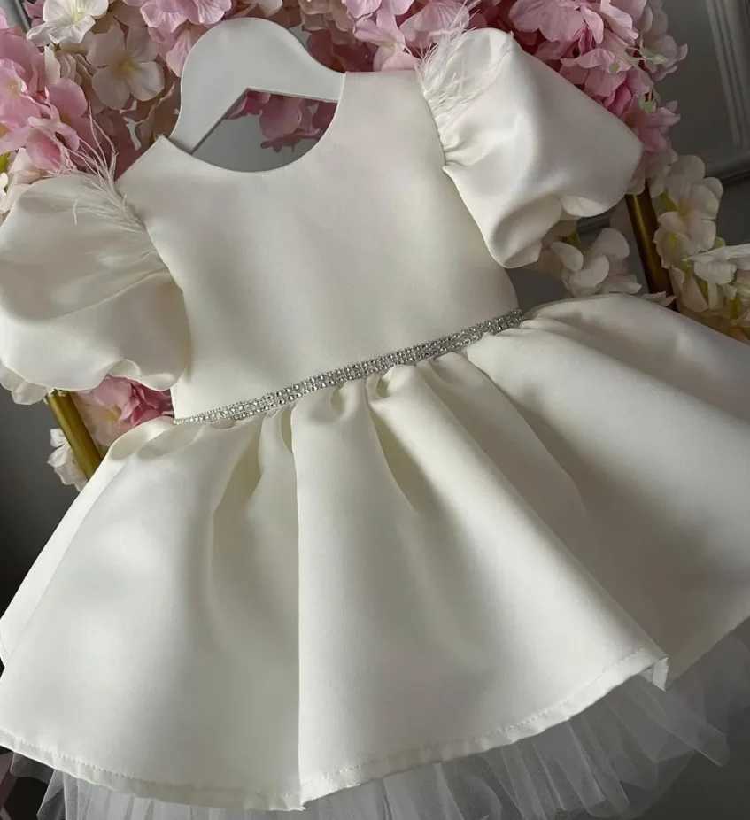 White satin baby girls first birthday party dress big bow puff sleeves childrens Tutu costume mini girl Christmas dress X250203
