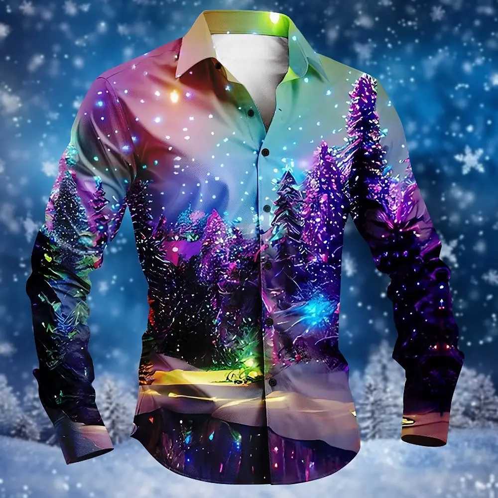 Christmas shirt long sleeved high-end mens shirt fashionable daily street under the aurora forest 3D printing cool hot sellingXJ250121