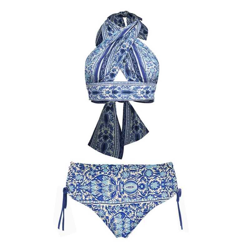 Blue and White Porcelain Tummy Control Underwire Swimsuit Push Up Women Swimwear Bathing Suit With Beach Skirt Cover Ups W250120