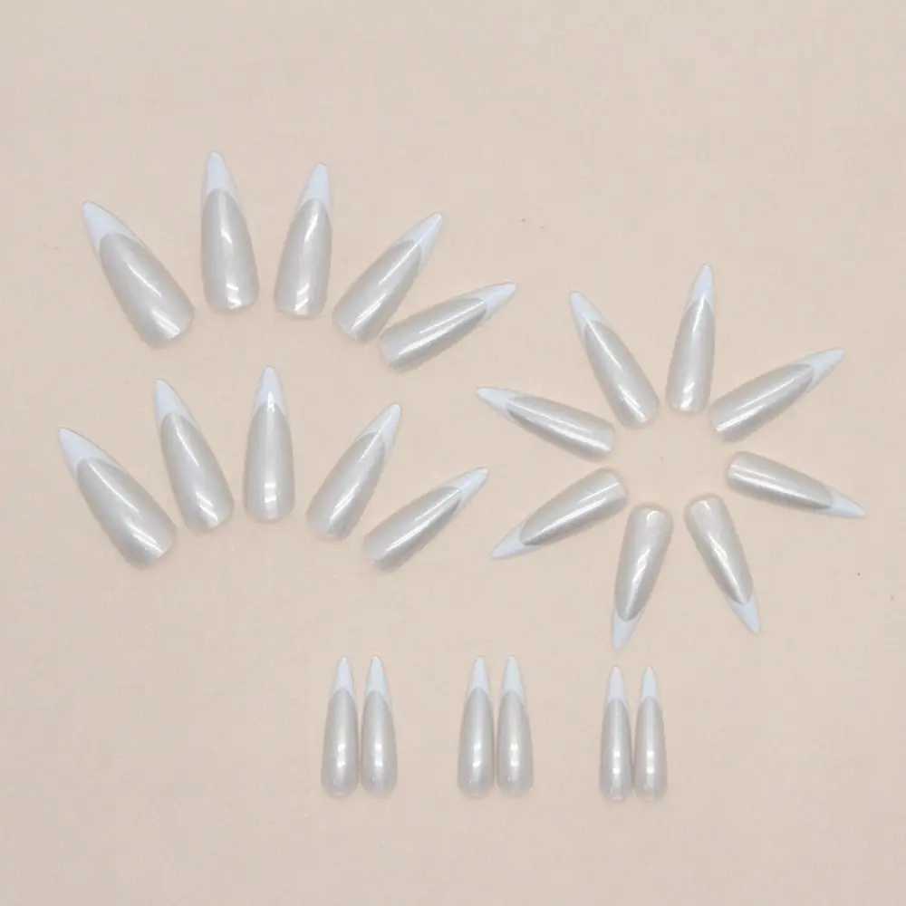 24 pieces of long thin high-heeled French fake nails with white edges simple Aurora fake nails fully covered nail press DIY detachable handleW250120