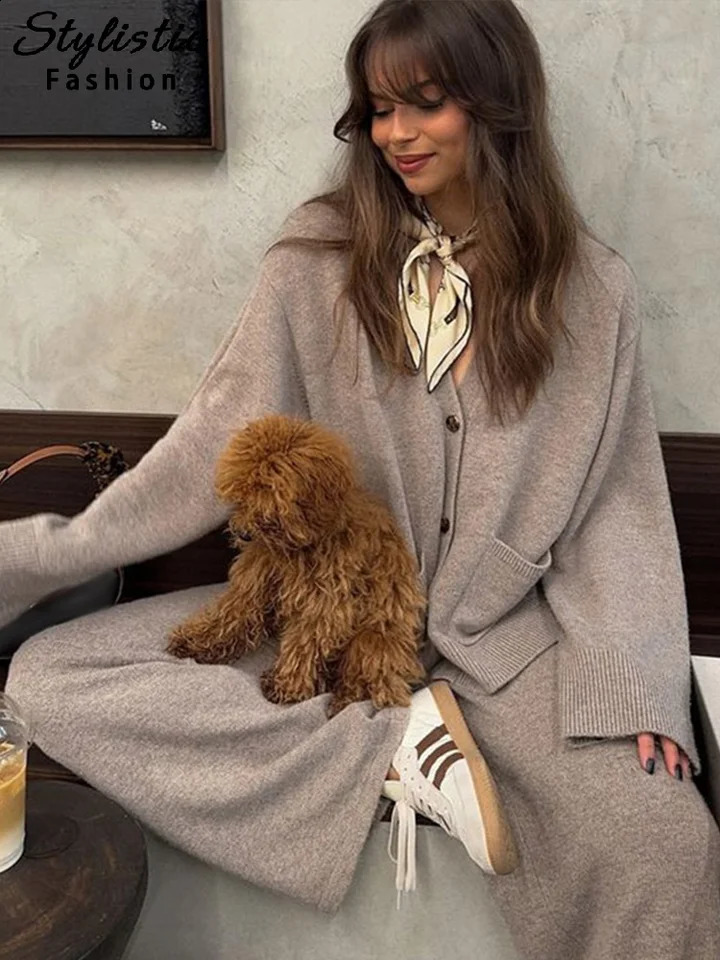 Casual Knitted Cardigan Pants Set Women V-neck Long Sleeve Sweater Wide Leg Trousers 2 Piece Sets in Matching Lady Outfit 250113