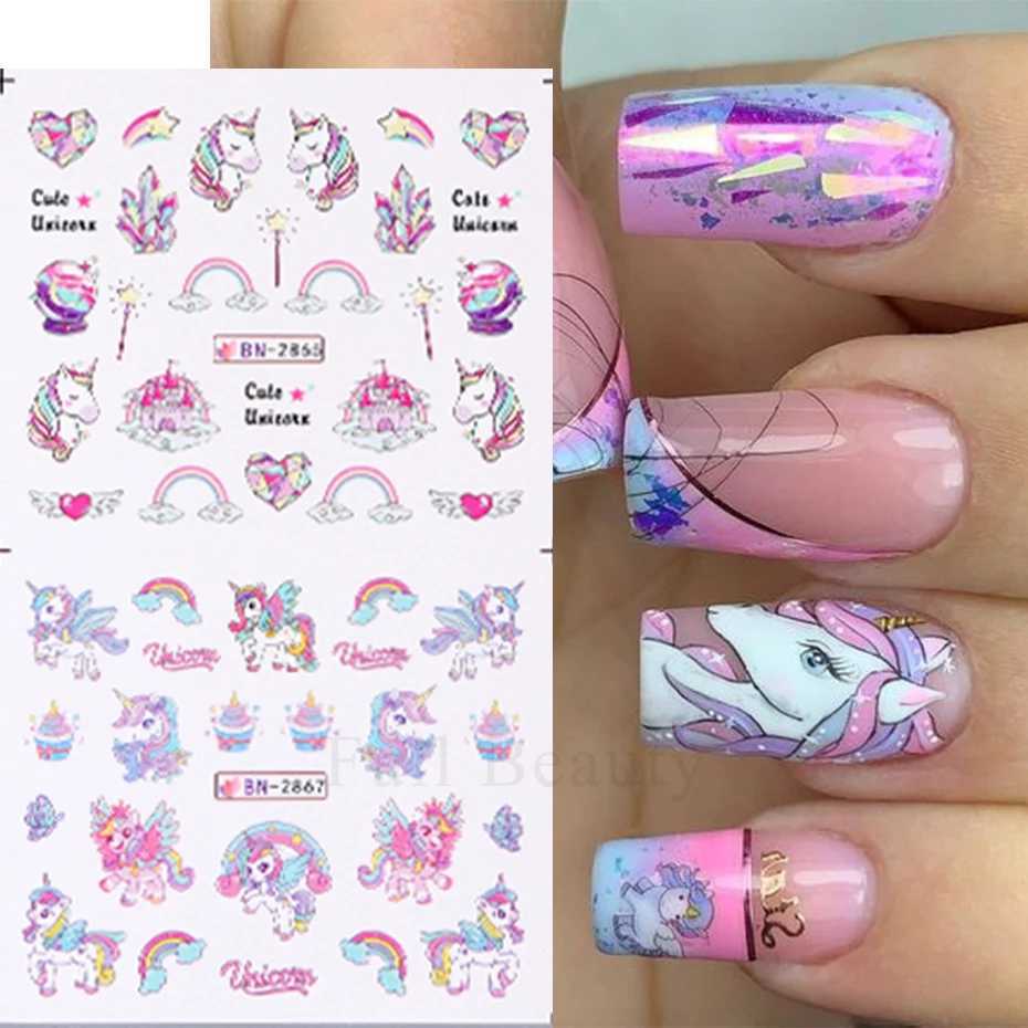 12 Designs Pink Unicorn Water Transfer Slider Rainbow Horse Ice Cream Heart Cartoon Anime Nail Sticker Polishing Nail DecorationXJ250120