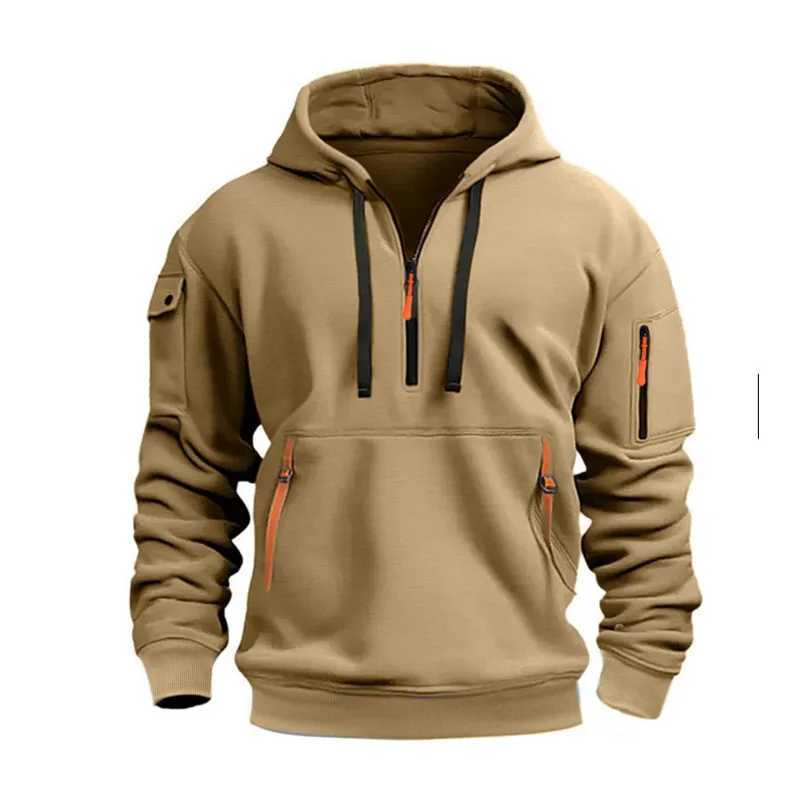 Stylish Mens Hooded Sweatshirt Resistant Multiple Zipper Pockets 100% Polyester Knitted Fabric Solid Color Long Sleeve RegularXJ2500118