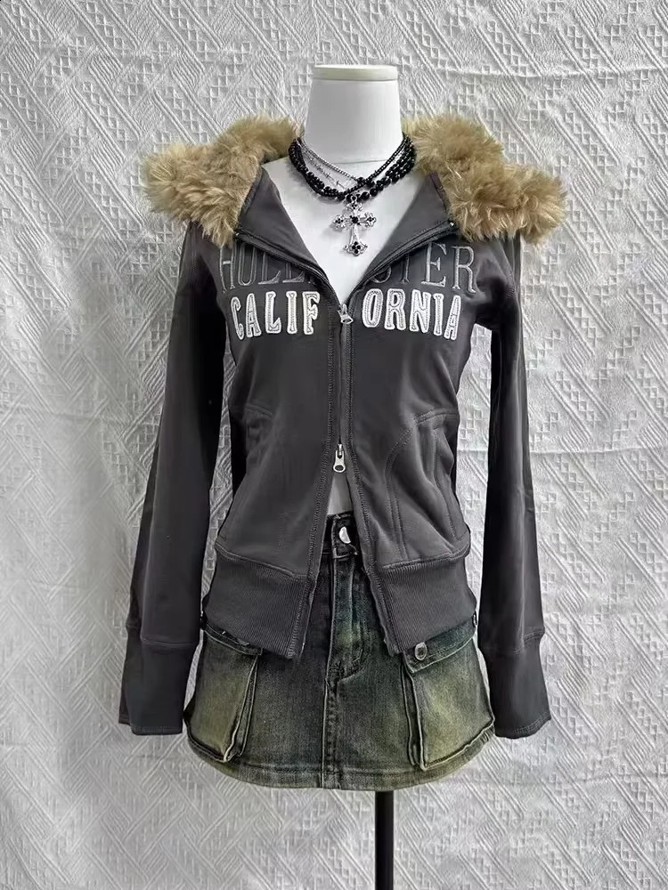 European and American Retro Coat Fur Collar Oversized Hoodie for Women Y2K Gothic Punk Zipper Sweatshirt for Women 250109