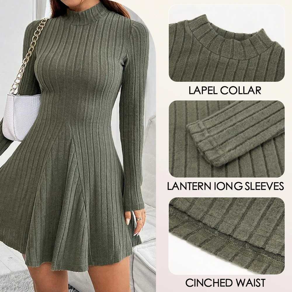 Mia se Womens Dresses Fall Winter Simple Solid Color Long Sve Mock Neck A Line High Waisted Flare Hem Casual Short DressesXJ250115