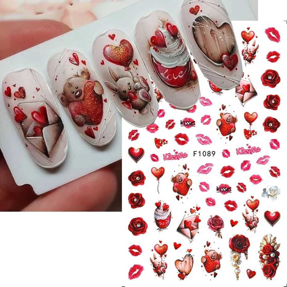 Valentine Love Heart Design Nail Stickers Cute Teddy Bear Cat Panda Decal Geometry Strip Line Rose Sexy Lip Sliders For ManicureXJ250120