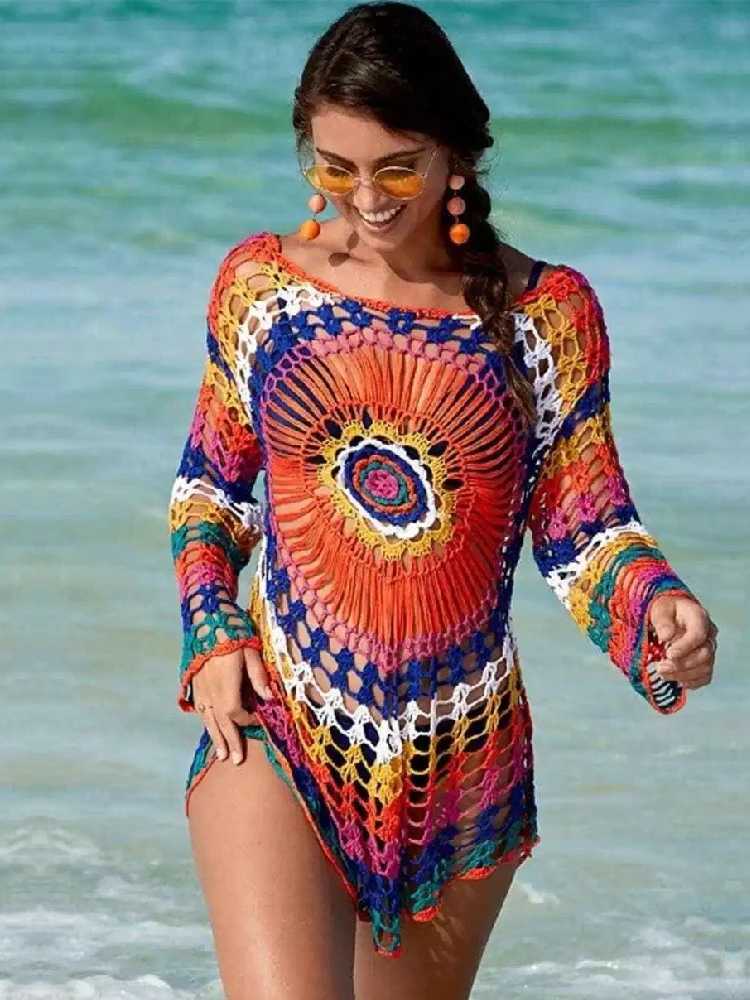 Handmade Knitted Beach Cover Tunics for Beach Swimsuit Crochet Cover Ups Sarong Beach Saida Praia Sarong Beach Kaftan #Q498 W250120