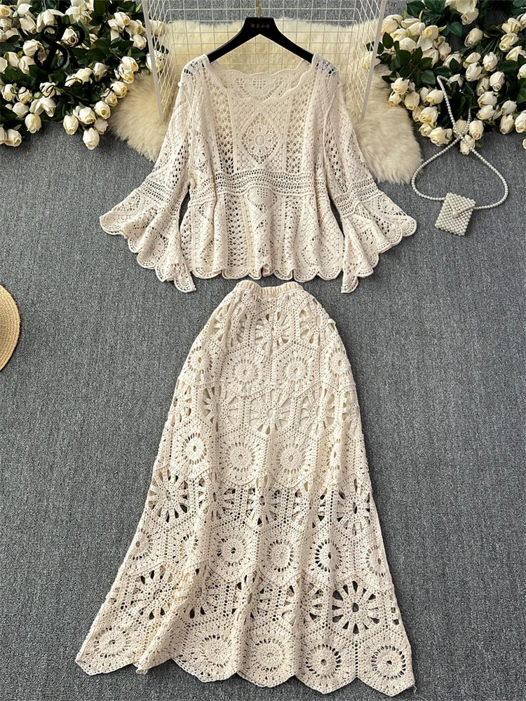 Singreiny Bohemian Vacation Knitted Two Piece Hollow Full Sleeve TopHigh Waist Mermaid Long Sleeve Set 250118
