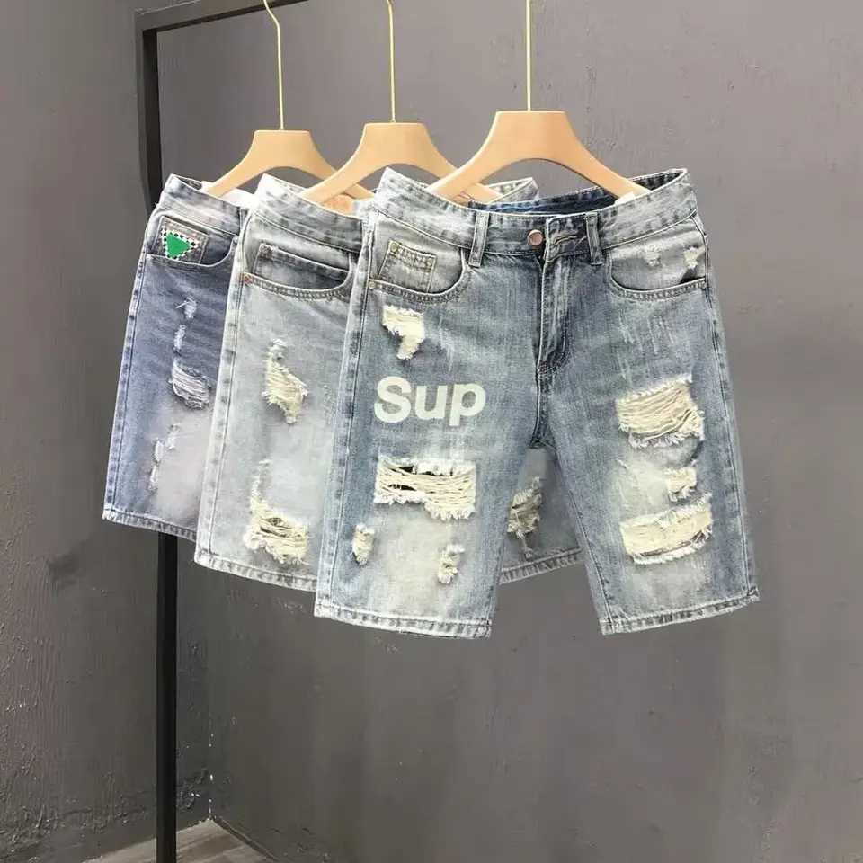 Fashion 2023 Summer Mens Blue Casual Solid Denim Jean Shorts with Ripped Holes Wash Designer Clothes Designer Mens Jeans X250203