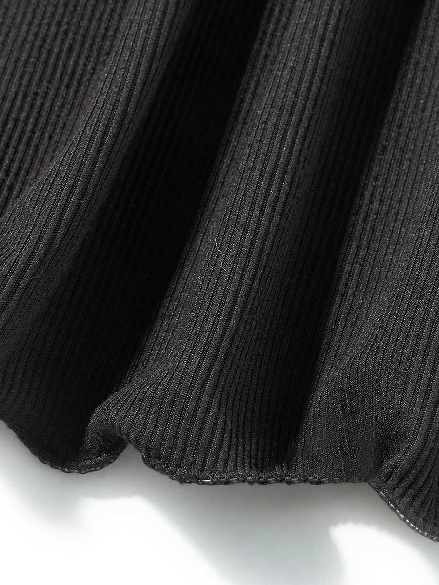 Women Sexy Black Solid Color A-Line Short Dress Ribbed Long Sve V-Neck Slim Fit Mini Dress for Party Club Beach StreetwearXJ250115