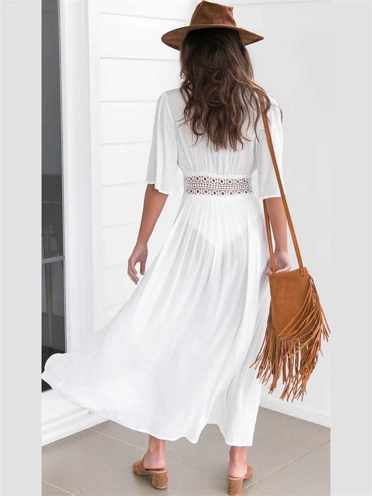 2024 Summer Bikini Cover-ups Women Bohemian Beach Long Dr Short Sleeve Lace Hollow Out Cardigan Swimwear Cover Ups Beachwear W250120
