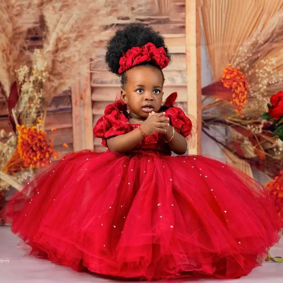 Customized Red Flower Girls Dresses for Wedding Princess Beaded Lace Kids First Communion Christening Dress Girls Party Gown X250203