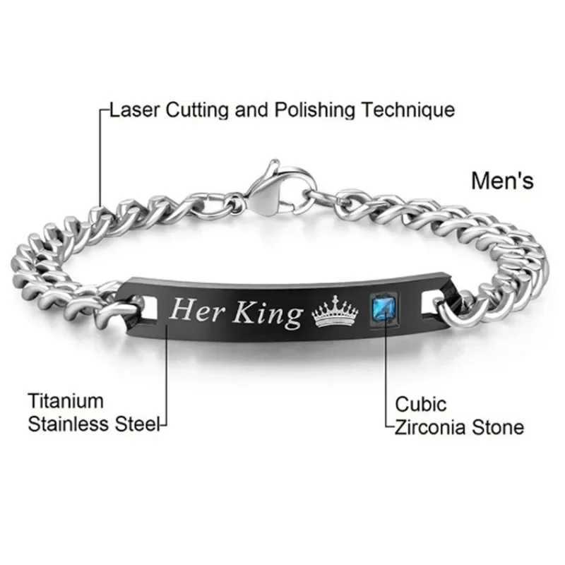 2pcs Fashion Couple Bracelets His Queen Her King Pendant Stainless Steel Bracelets Surprise for Boyfriend Girlfriend W250121
