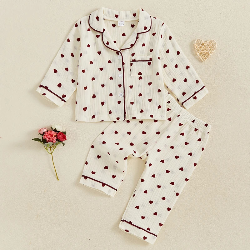 Citgeett Spring Valentines Day Kids Girls Pajamas Heart Print Long Sleeves Shirt Elastic Pants Sleepwear Clothes 250121