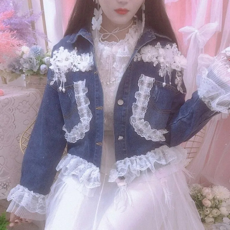 Stereo Flower Beading Diamonds Denim Jacket Y2k High Street Early Autumn Chic Coat Lace Patchwork Single-breasted Sweet Jaquetas 250116