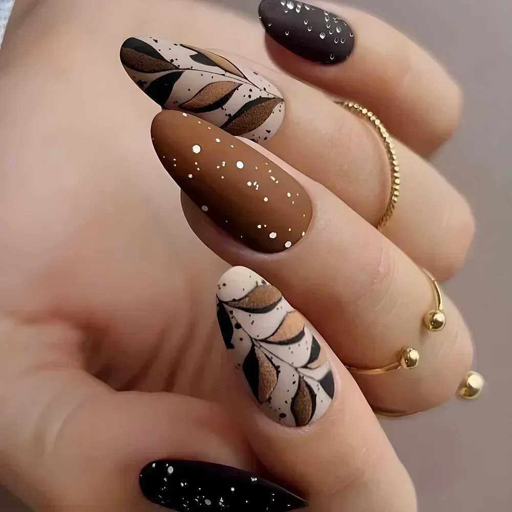 24pcs autumn and winter matte almond fake nails with adhesive rose leaf printing nail art simple full cover press on acrylic nail tipsW250120