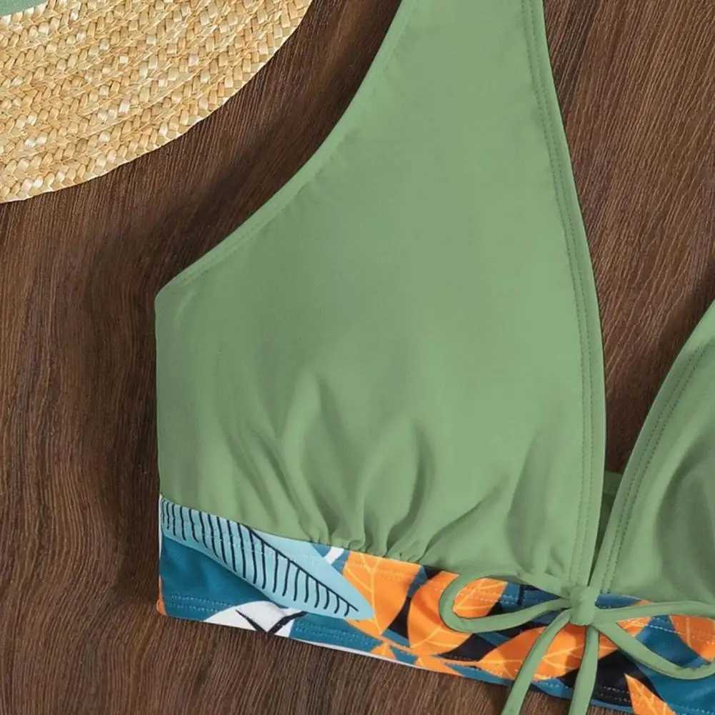 2Pcs/Set Women Bikini Set Bowknot Decor Floral Print Backless Lady Swimwear Wire Free Halter Bra High Waist Shorts Set BeachwearXJ250120