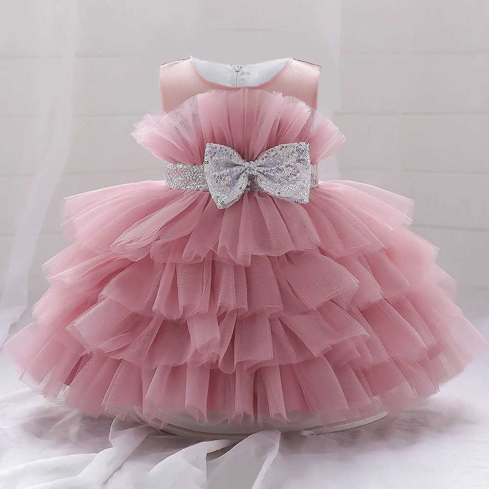 Toddler Fluffy Pink Wedding Party Dresses for Baby 2-8 Years Sequin Bow Tulle Baptism Birthday Princess Clothe Lace Summer Dresses X250203