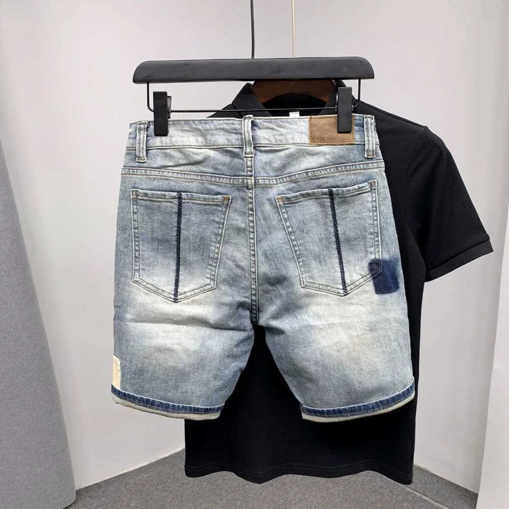 New mens denim shorts with perforations Korean style straight quarter patch casual jeans Bermuda mens clothing X250203