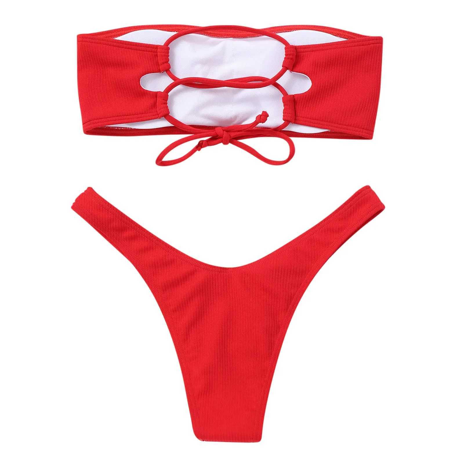 Sexy Bandeau Micro Bikini Set Women Swimwear Ribbed Solid Thong Biquini Swimsuit Strapless Beachwear Bathing Suit 2025 jerXJ250120