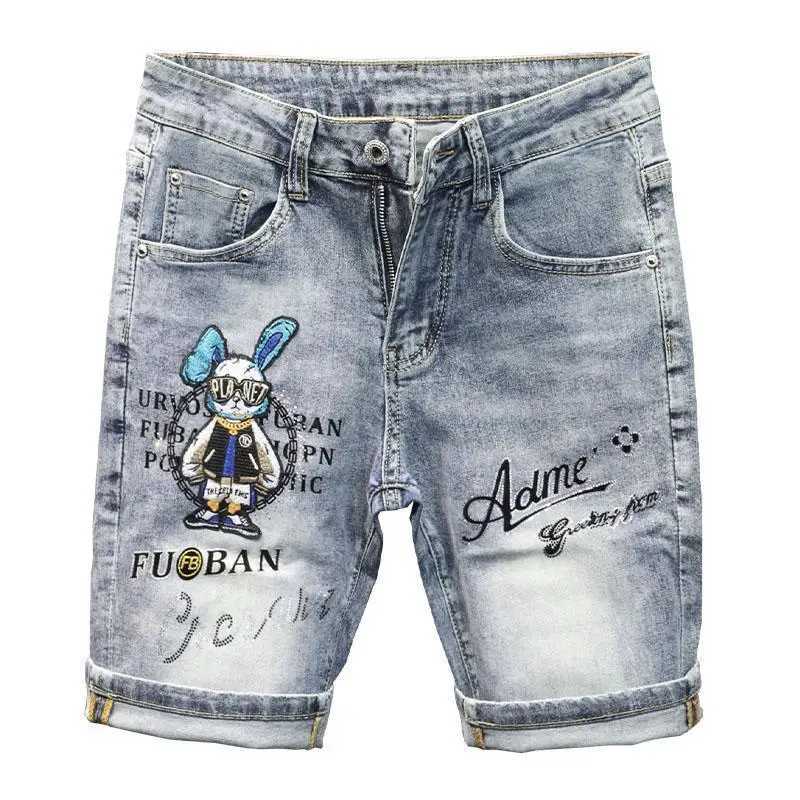 New Kpop Summer Casual Kn Length Mens Jeans Shorts Fashion Embroidered Rabbit Printed Hot Drilled Slim Thin Short Trousers X2502031