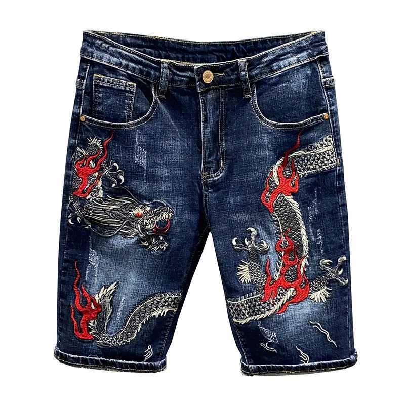 Mens Jeans 2023 Summer New Denim Shorts Fashion Dragon Embroidered Chinese Pants Slim Fit Cropped Pants Korean Japanese X2502031