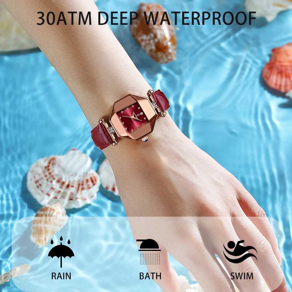 POEDAGAR Wen Watches Fashion Square Diamond Wine Red Leather Quartz Watch Luxury Rose Gold Waterproof Ladies Wristwatch Gift X250203