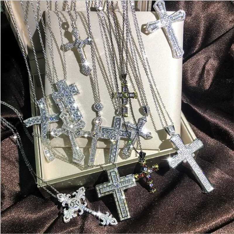 Vecalon Handmade Luxury Jewelry Hip Hop Cross Pendant 925 Sterling Silver White Topaz Diamond Women Jesus Christianity NecklaceXJ250114