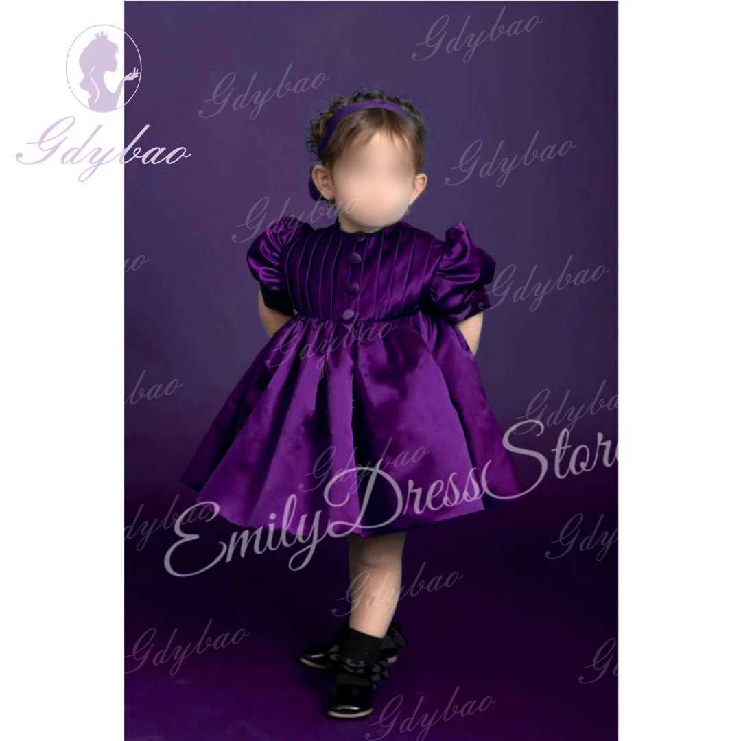 Customized satin floral girl wedding dress for wedding knee length high waist fluffy royal blue childrens birthday party first Communion dress X250203