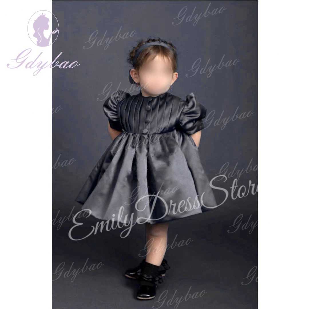 Customized satin floral girl wedding dress for wedding knee length high waist fluffy royal blue childrens birthday party first Communion dress X250203