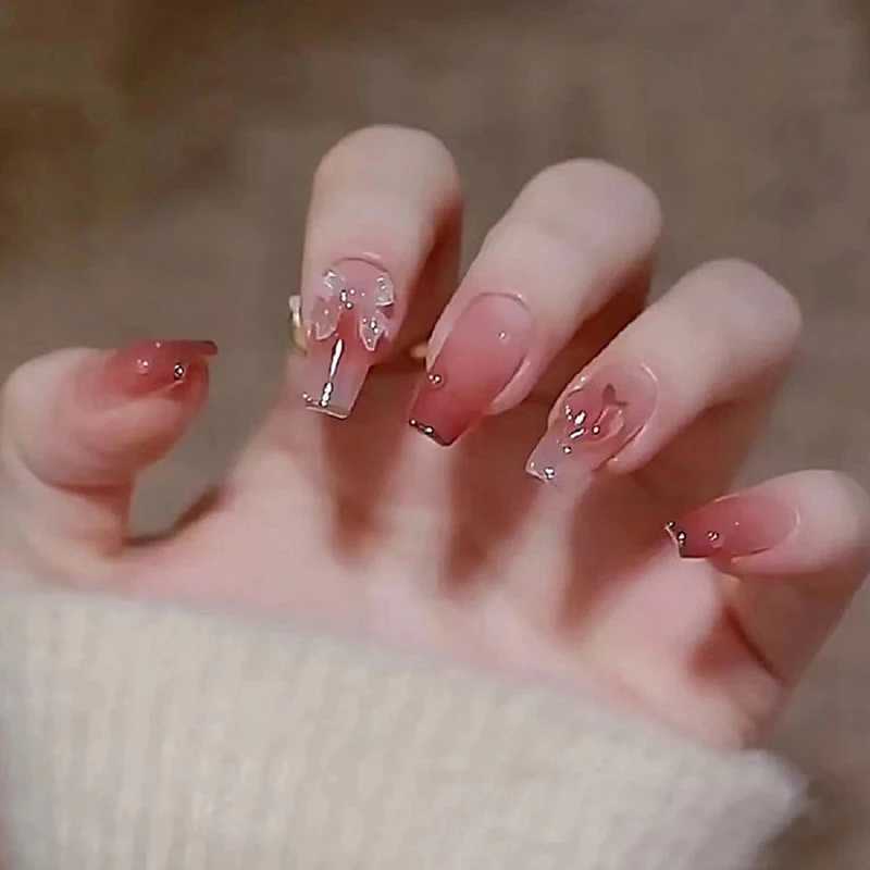 Gradient Patch Stick Wearing False Nails Full Coverage Love Peach Bow See Photochromic Stereo Wear Nail Fake Nail FashionW250120