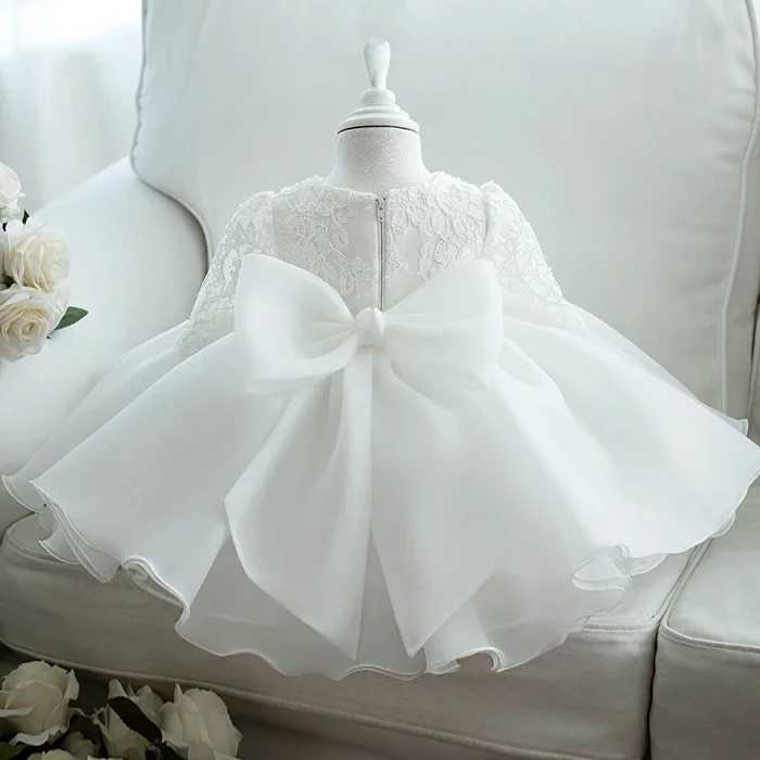 Sparkling White First Baby Girl Birthday Dress Long Sleeve Newborn Girl Baptist Dress Grid Princess Party Ball Dress X250203