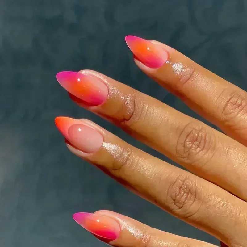 24 pieces of short fake nails French gradient pink fake nails almond pressed on nails coffin fully covered nail tips detachable handleW250120