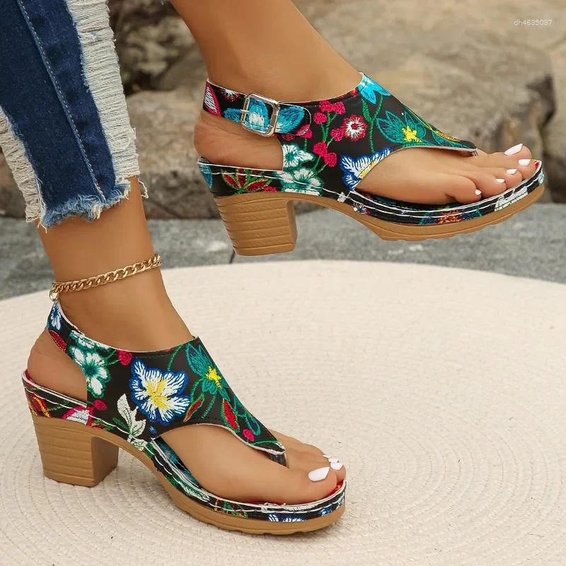 Sandals Women's Shoes 2025 Buckle Strap Fashion Printing Beach Women Summer Plus Size Heeled zhanyishengli