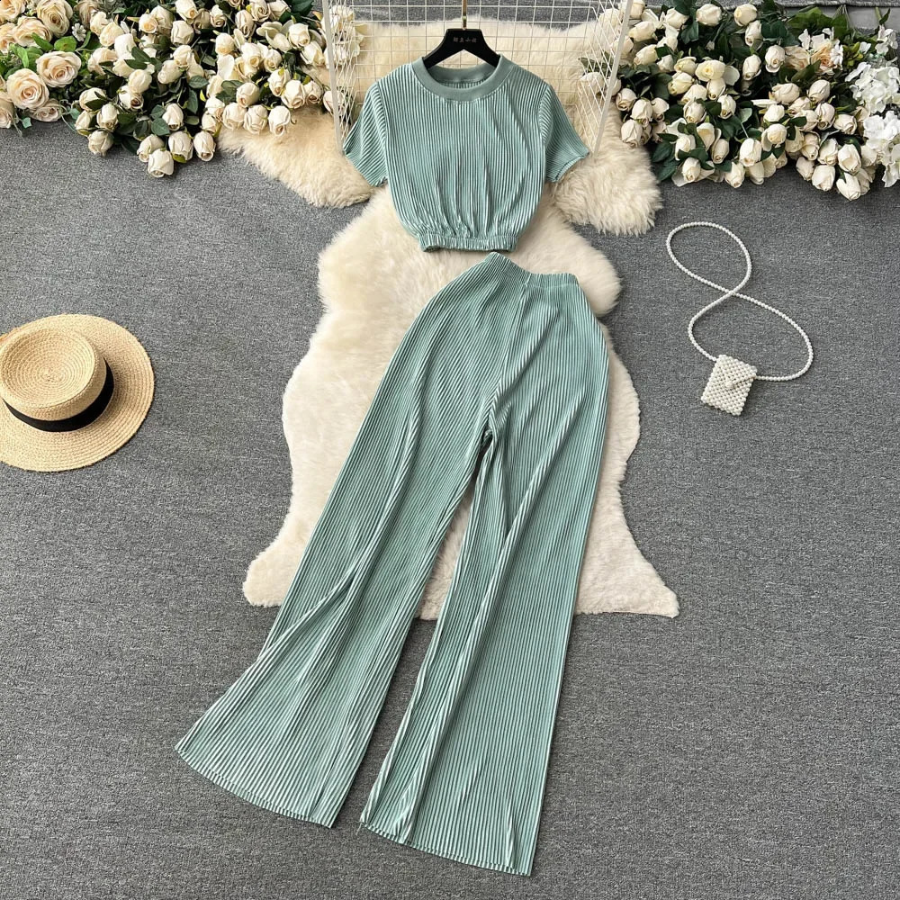 Fashion Solid Casual Two Pieces Sets Women Short Sleeve Crop TopWide Legs Long Pants Summer Beach Sporty Slim Tracksuit 250118