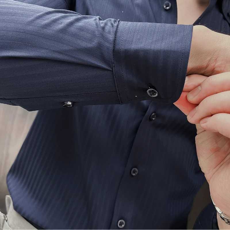 High-quality autumn mens new long-sleeve dark striped slim-fit shirt business casual formal workwear M-4XLXJ250121