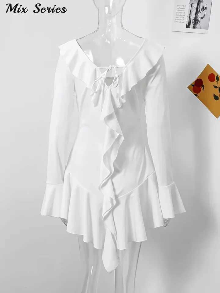 Sexy Ruffles Lace Up Mini Dress Women V-neck Long Flare Sve Backless Vacation Dresses 2024 Autumn New Fe Solid VestidosXJ250115