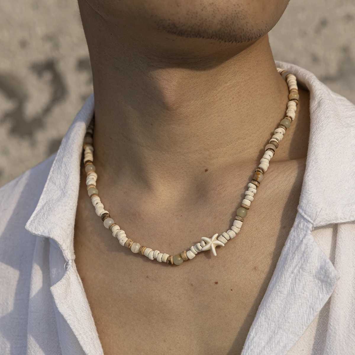 KunJoe Summer Coconut-husk Wood Beads Starfish Choker Necklace for Men Bohemian Natural Stone Clavicle Chain Male Street JewelryXJ250121