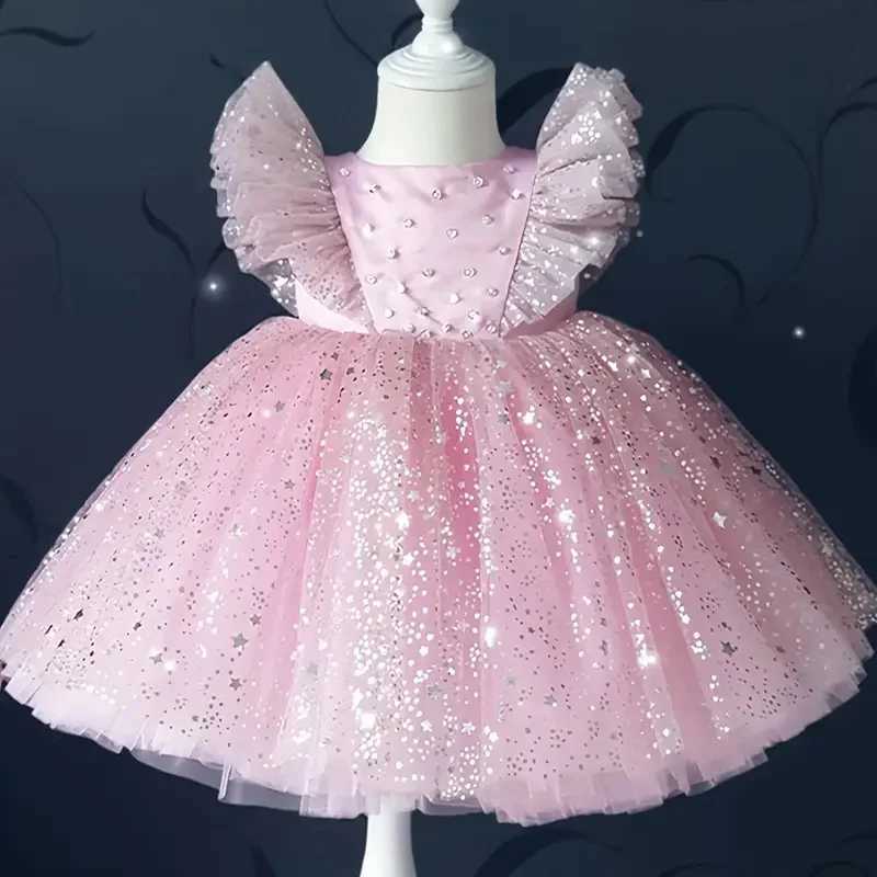Baby Girls Flying Sleeves Bow Star Sequins Princess Dress For Toddler Formal Banquet Baptism Birthday Party Puffy Ball Gown 0-5Y X250203