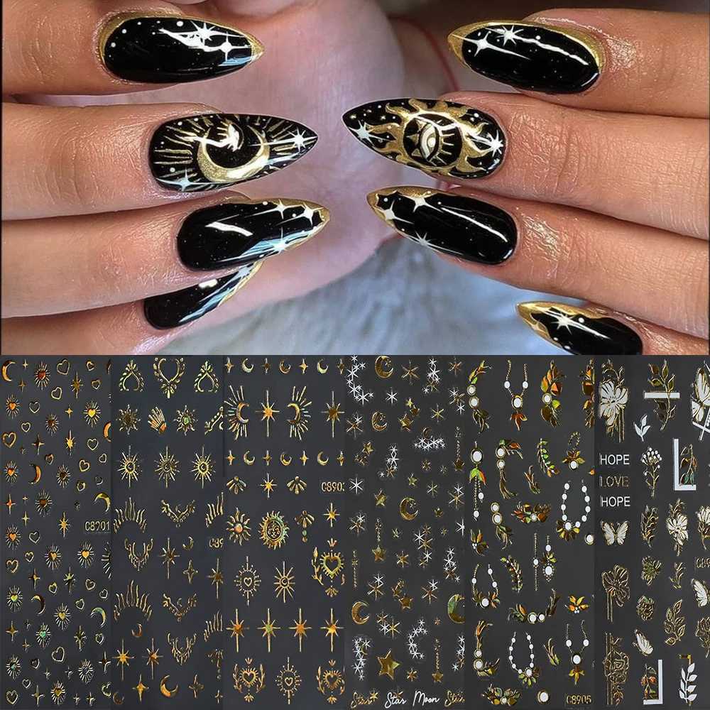 6pcs Golden Bronzing Nail Art Stickers Decals Sun Moon Star Pattern Gothic Nails Sliders For DIY Witchy Acrylic Nails DecorationXJ250120