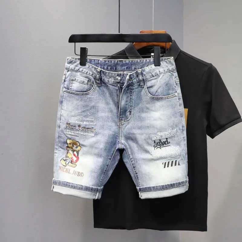 Summer Casual Denim Jeans Shorts Mens Knee Length Embroidered Bear Pattern Luxury Classic Cowboy Short Boyfriend Pants for Men X250203
