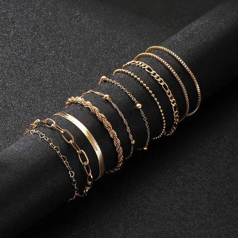 10 Pcs Vintage Statement Gold Color Flat Snake Chain Box Chain Bracelet Boho Multi-layer Metal Bracelet Womens Summer Jewelry W250121