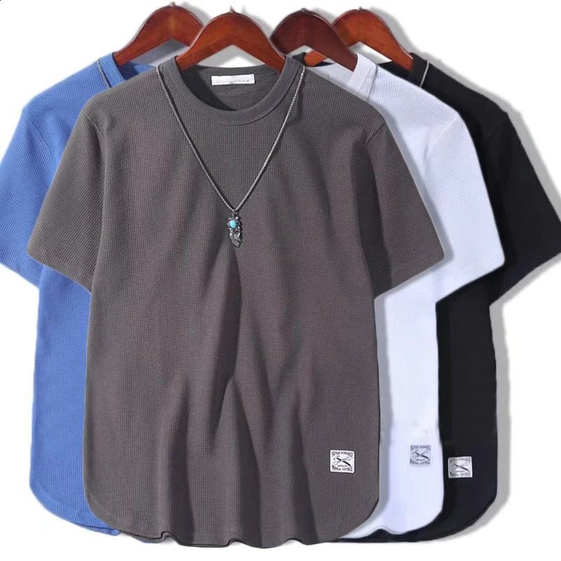 5XL Solid Color Waffle Tshirts for Men Casual Quality Shortsleeved Mens Tees Summer Fashion ner Tops Male 250108