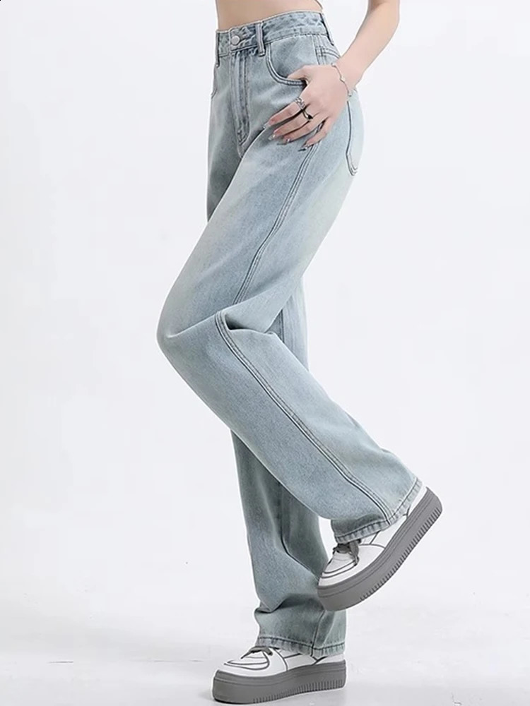 Girls High Waist Wide Leg Jeans Lady Street Denim Straight Pants Female Retro Blue Light Black Gray Pink Trousers 250122