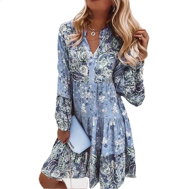 Floral Dress for Women Summer Oversize Elegant Long Sleeve Casual Dresses Female Loose Bohemian Beach Holiday Dresse 250122