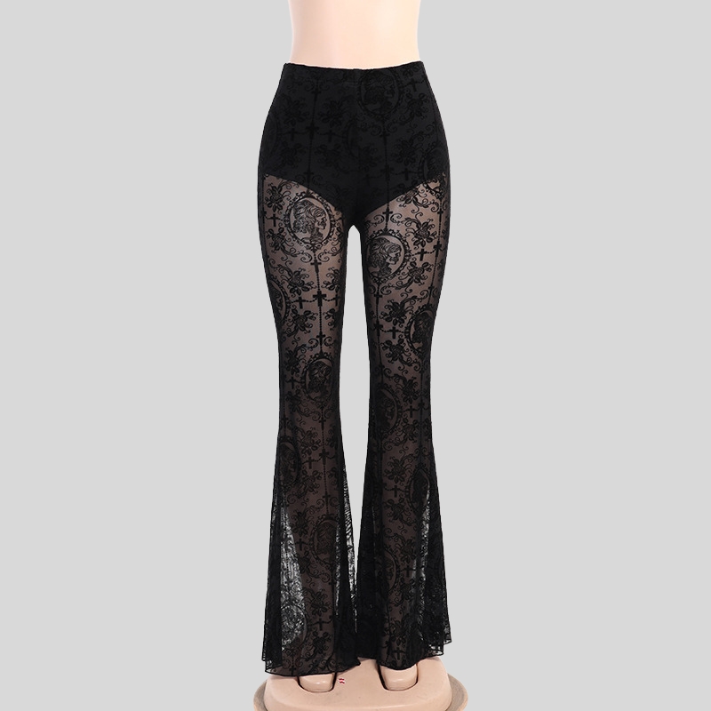 Summer new best-selling women's casual pants dark and sexy slim-fit printed lace high-waisted flared pants for women
