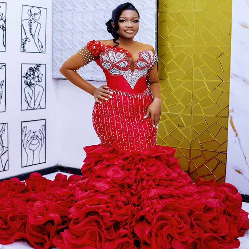 2025 Plus Size Red Aso Ebi Prom Dress Detachable Train Mermaid Evening Gowns Sheer Neck Long Sleeves Beaded Lace Pearls Birthday Dress Second Receptio