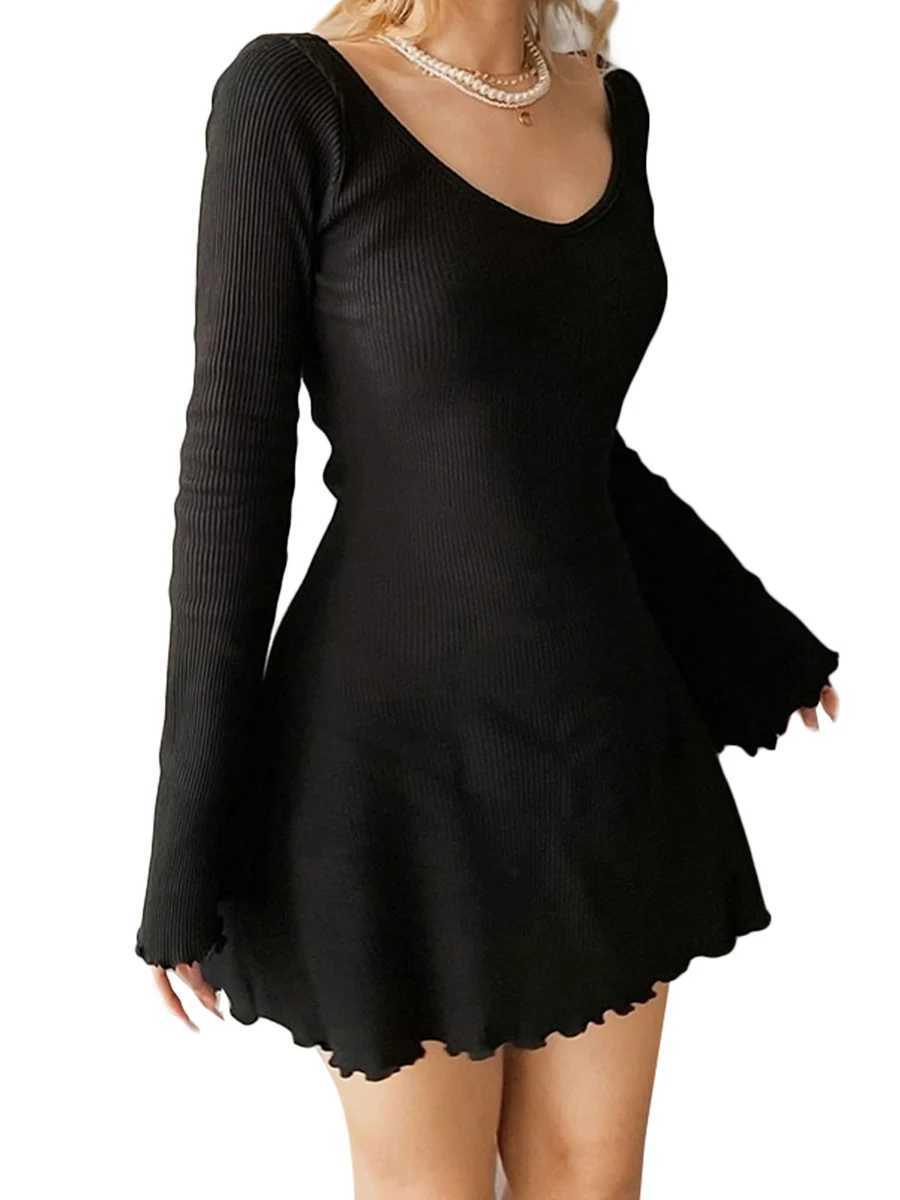 Women Sexy Black Solid Color A-Line Short Dress Ribbed Long Sve V-Neck Slim Fit Mini Dress for Party Club Beach StreetwearXJ250115